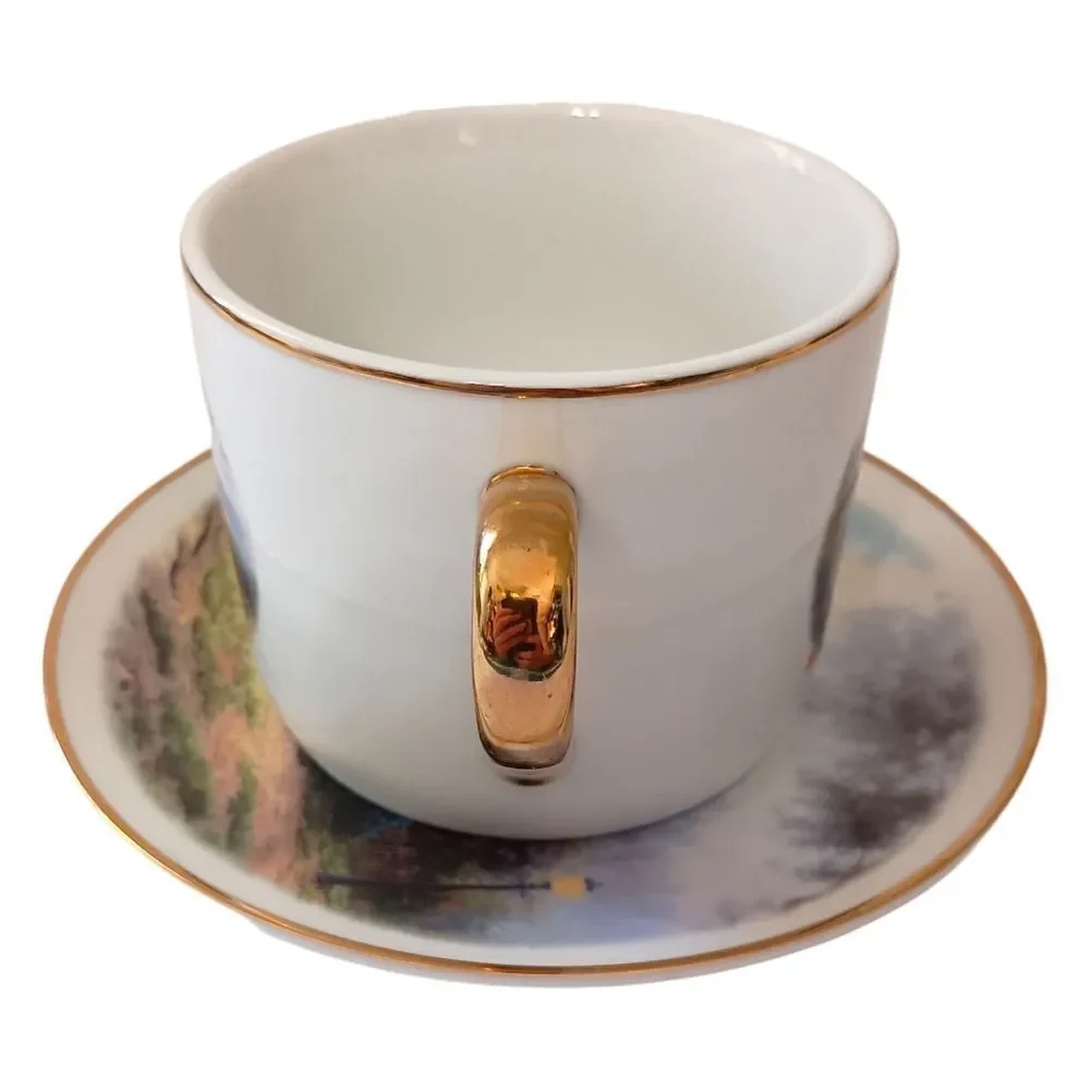 Thomas Kinkade Moonlight Cottage Tea Cup Saucer‎ Vase Teleflora Gold Trim Set